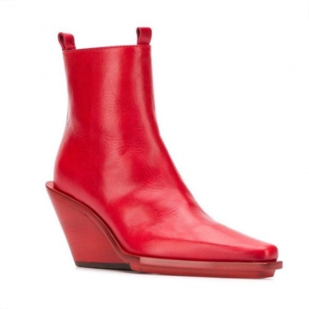 Ann Demeulemeester Red Leather Pointed Toe Block Wedge Ankle Boots 41 Italy